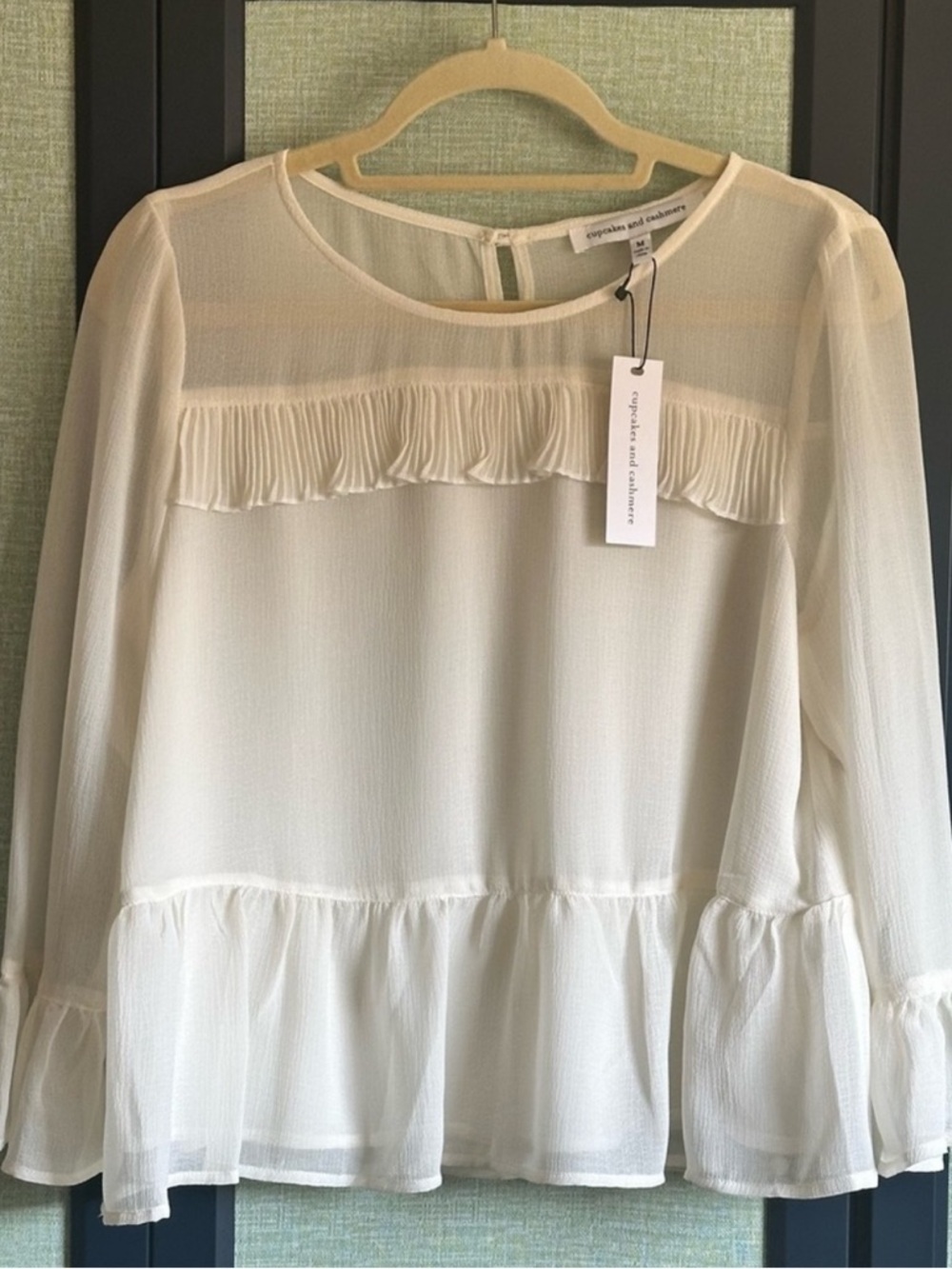 cupcakes & cashmere Ivory Boxy Sheer Pleated Ruffle Crepe Top, NWT, Size M